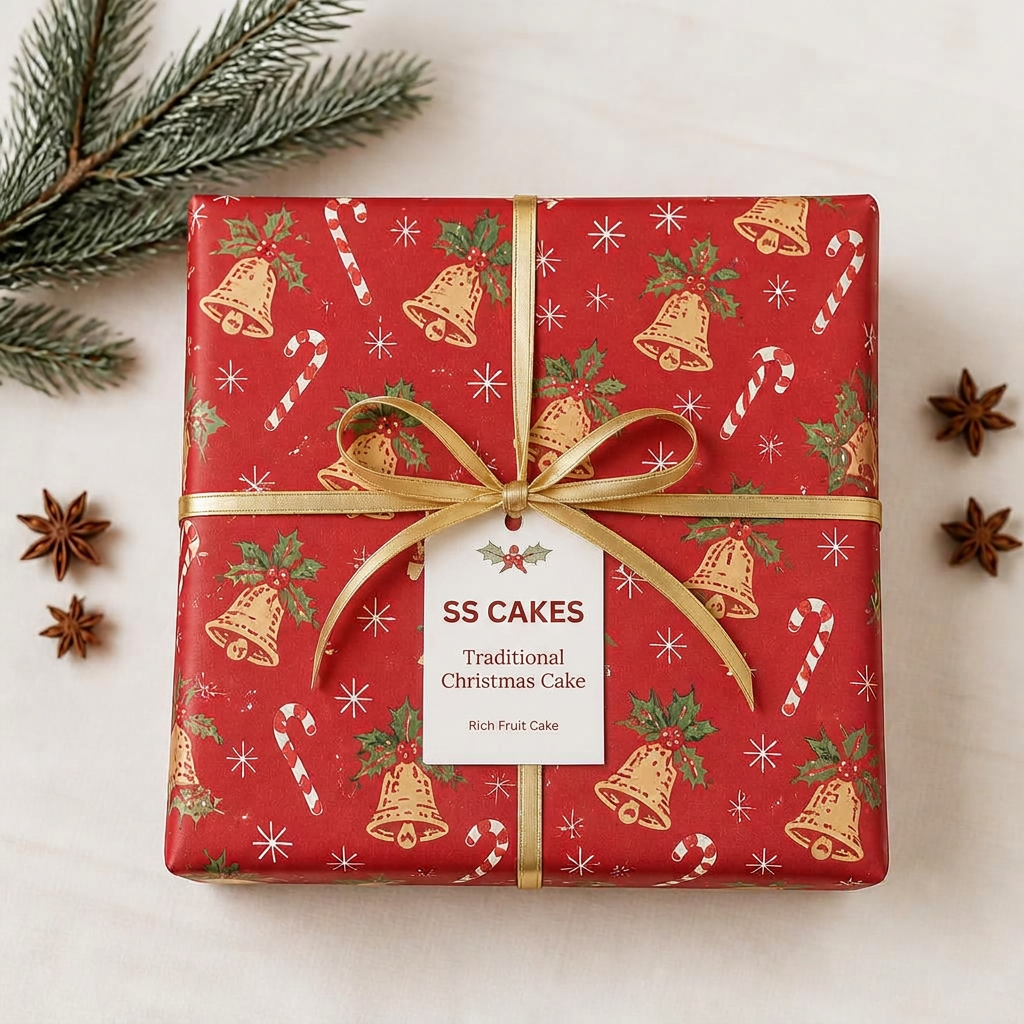 Square Christmas cake pack wrapped in red bells festive paper